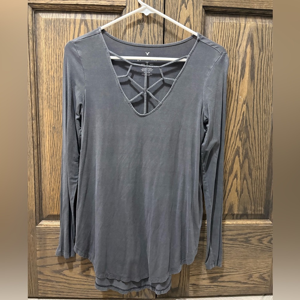 American Eagle Outfitters Long-Sleeve Crisscross Front V-Neck Top - Gray